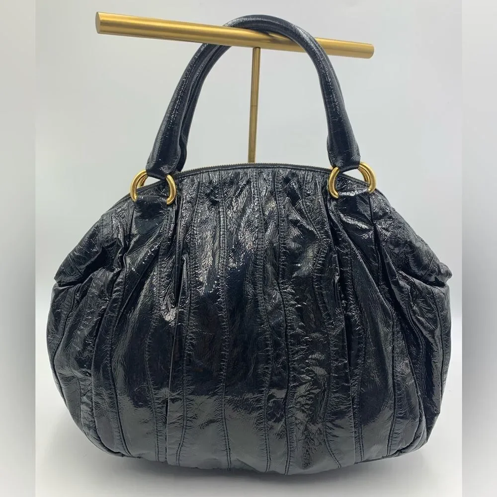 Auth Prada Black Patent Leather Whipstitch Tonal Stripe Satchel Lightweight